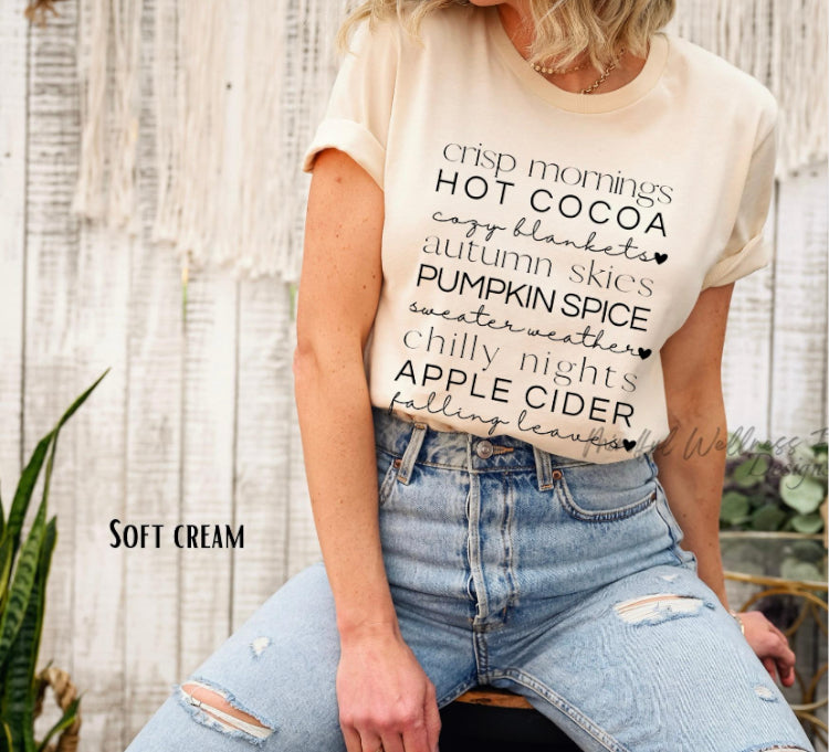 Crisp Morning, Hot Cocoa fall t-shirt, womens cute autumn shirt, trendy pumpkin spice tee, oversized fall vibes tee