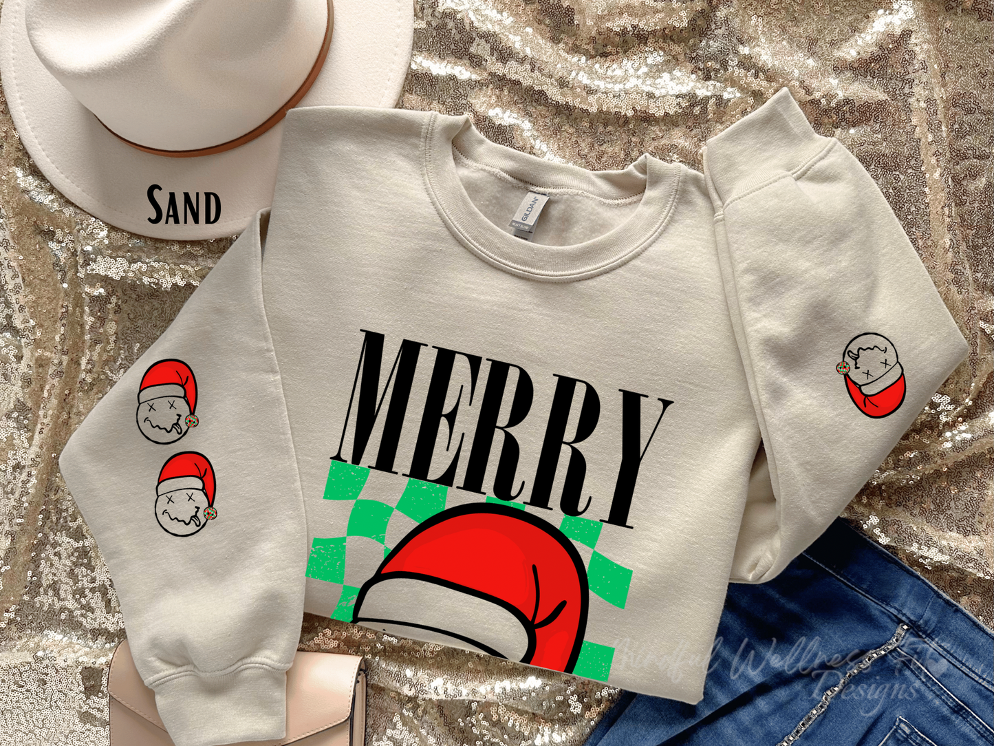 Christmas Sweatshirt, Nirvana Inspired Santa Hat Crewneck, Disco Cotton Ball Retro Smiley Christmas Sweater, Vintage Checkered Xmas Crew