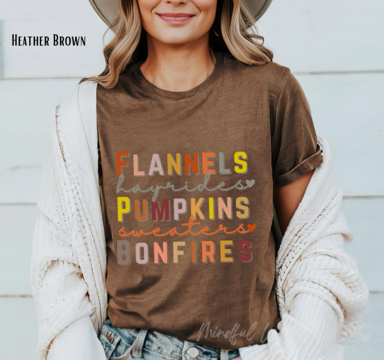 Flannels Hayrides Pumpkins Sweaters & Bonfires Shirt, Autumn Vibes Shirt, Fall Tee, Shirt for Autumn, Thanksgiving Tee, Sweater Weather Tee