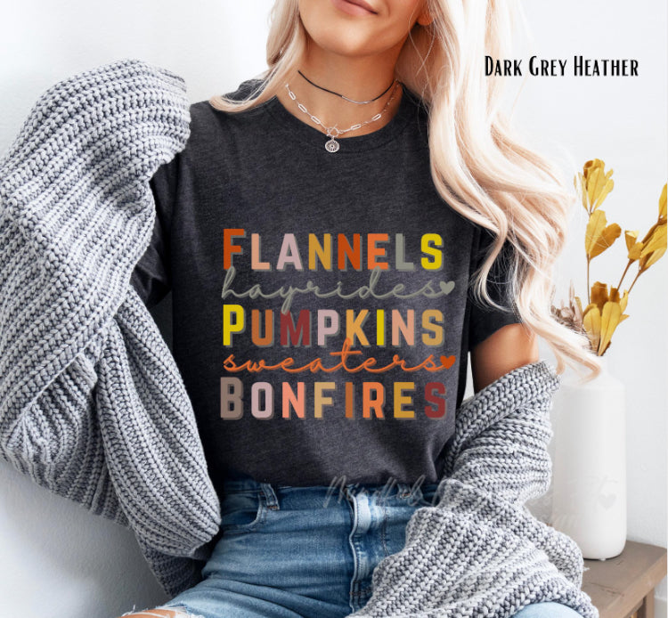Flannels Hayrides Pumpkins Sweaters & Bonfires Shirt, Autumn Vibes Shirt, Fall Tee, Shirt for Autumn, Thanksgiving Tee, Sweater Weather Tee