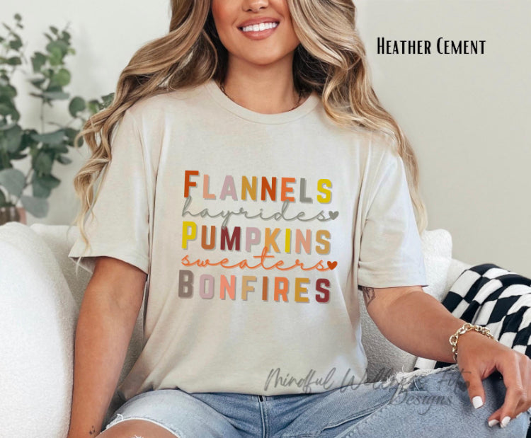 Flannels Hayrides Pumpkins Sweaters & Bonfires Shirt, Autumn Vibes Shirt, Fall Tee, Shirt for Autumn, Thanksgiving Tee, Sweater Weather Tee