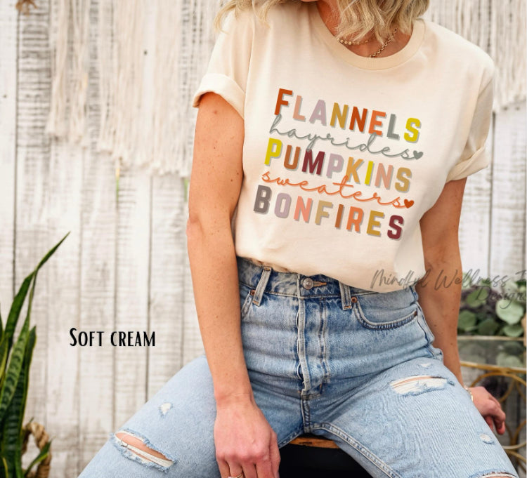 Flannels Hayrides Pumpkins Sweaters & Bonfires Shirt, Autumn Vibes Shirt, Fall Tee, Shirt for Autumn, Thanksgiving Tee, Sweater Weather Tee