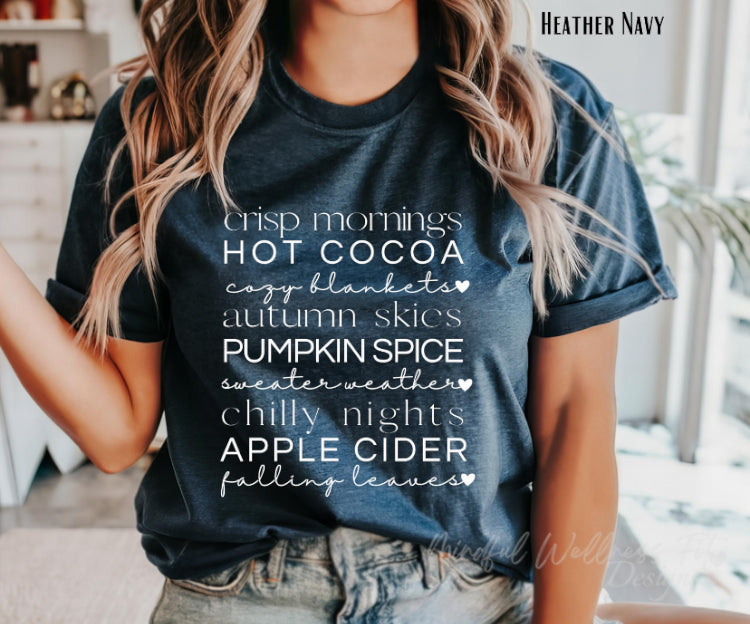 Crisp Morning, Hot Cocoa fall t-shirt, womens cute autumn shirt, trendy pumpkin spice tee, oversized fall vibes tee