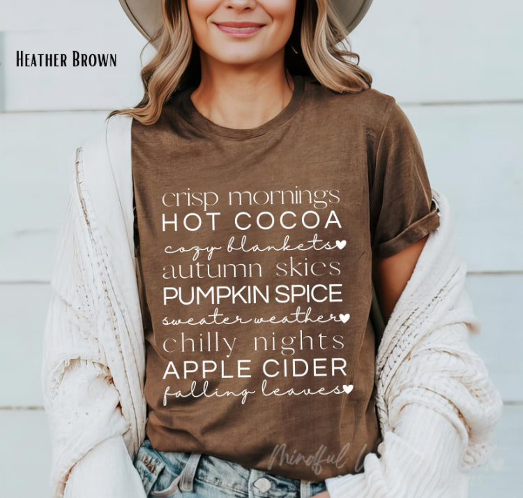 Crisp Morning, Hot Cocoa fall t-shirt, womens cute autumn shirt, trendy pumpkin spice tee, oversized fall vibes tee