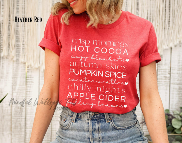 Crisp Morning, Hot Cocoa fall t-shirt, womens cute autumn shirt, trendy pumpkin spice tee, oversized fall vibes tee