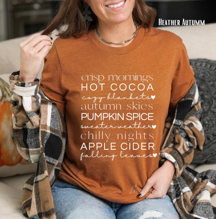 Crisp Morning, Hot Cocoa fall t-shirt, womens cute autumn shirt, trendy pumpkin spice tee, oversized fall vibes tee