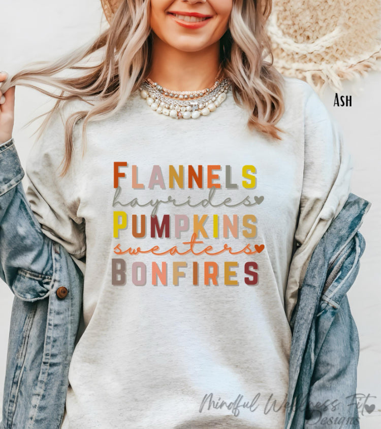 Flannels Hayrides Pumpkins Sweaters & Bonfires Shirt, Autumn Vibes Shirt, Fall Tee, Shirt for Autumn, Thanksgiving Tee, Sweater Weather Tee