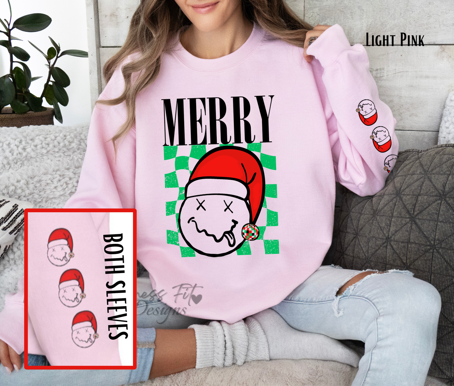 Christmas Sweatshirt, Nirvana Inspired Santa Hat Crewneck, Disco Cotton Ball Retro Smiley Christmas Sweater, Vintage Checkered Xmas Crew