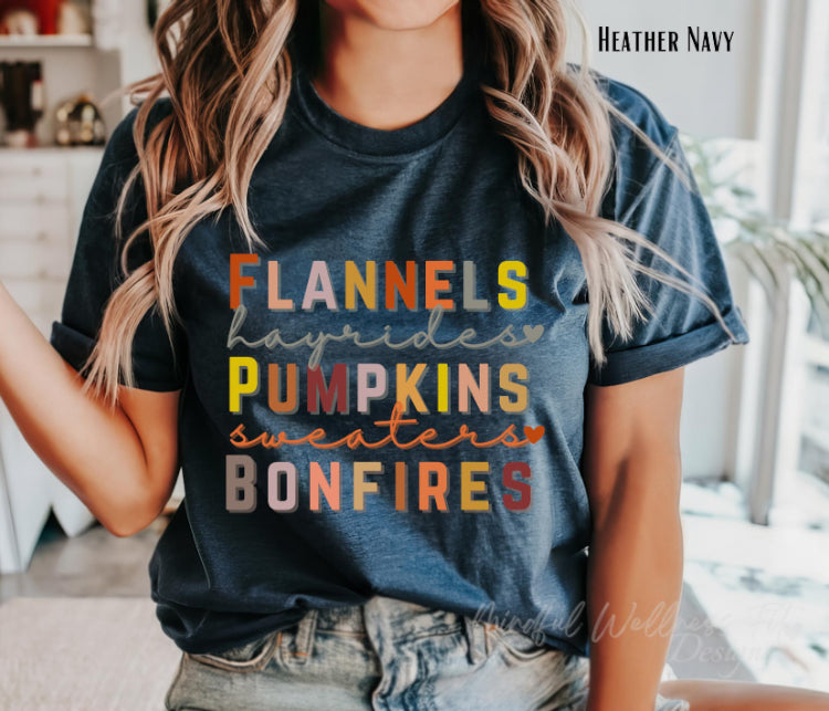Flannels Hayrides Pumpkins Sweaters & Bonfires Shirt, Autumn Vibes Shirt, Fall Tee, Shirt for Autumn, Thanksgiving Tee, Sweater Weather Tee