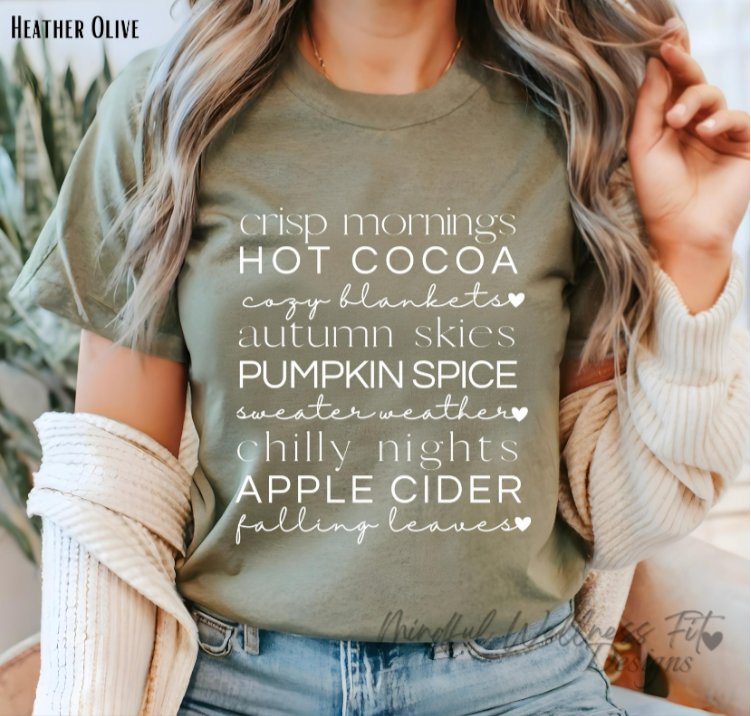 Crisp Morning, Hot Cocoa fall t-shirt, womens cute autumn shirt, trendy pumpkin spice tee, oversized fall vibes tee