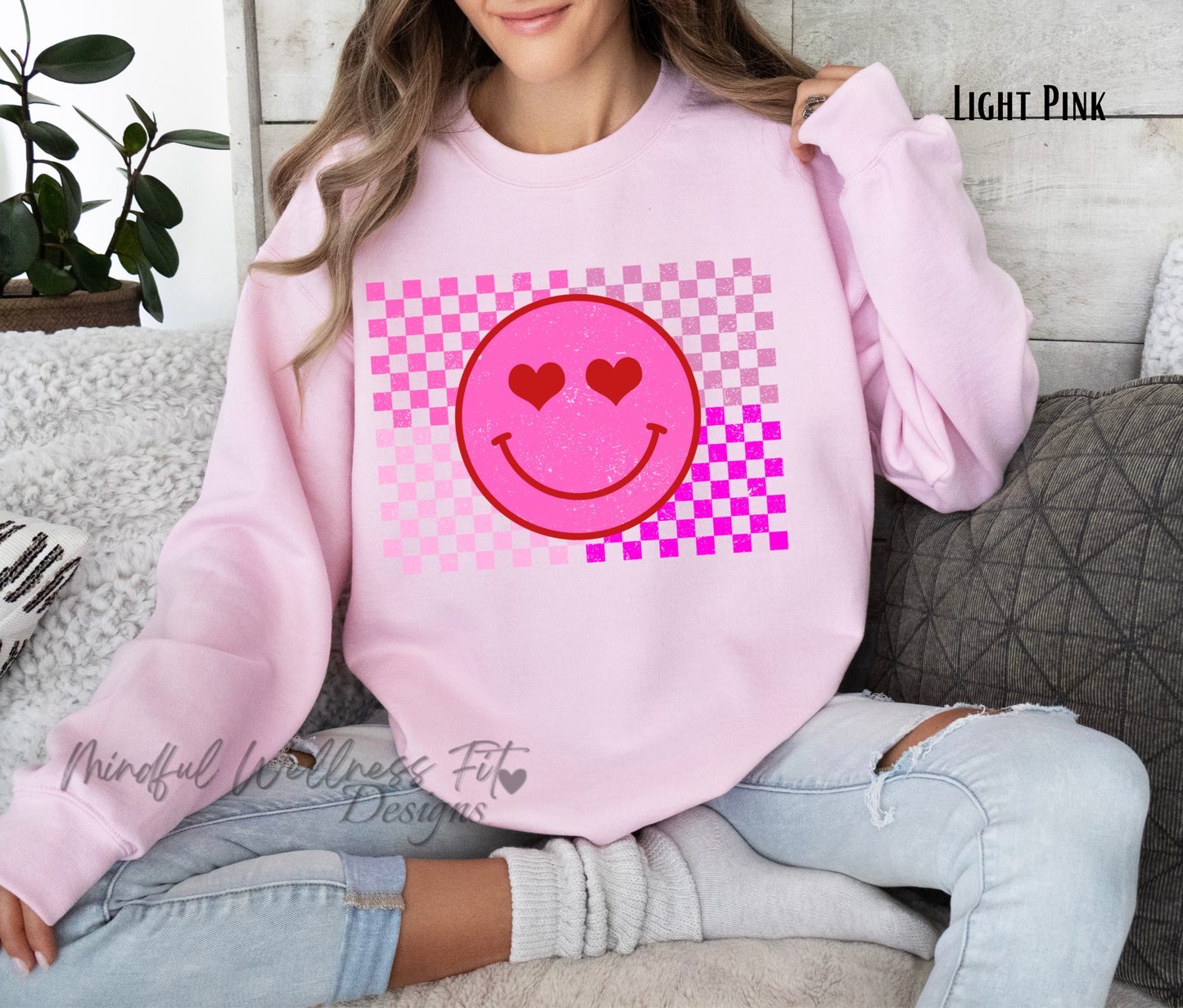 Retro Smiley Face Sweatshirt, Valentine's Day Smile Crewneck, Trendy Checkered Sweatshirt, Vintage Happy Face Crew, Classic Love Pullover,