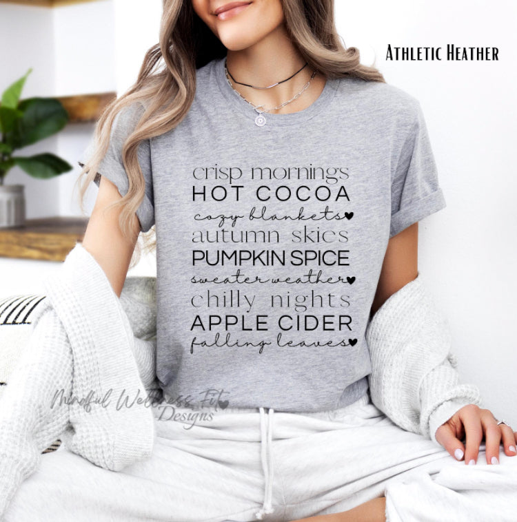 Crisp Morning, Hot Cocoa fall t-shirt, womens cute autumn shirt, trendy pumpkin spice tee, oversized fall vibes tee