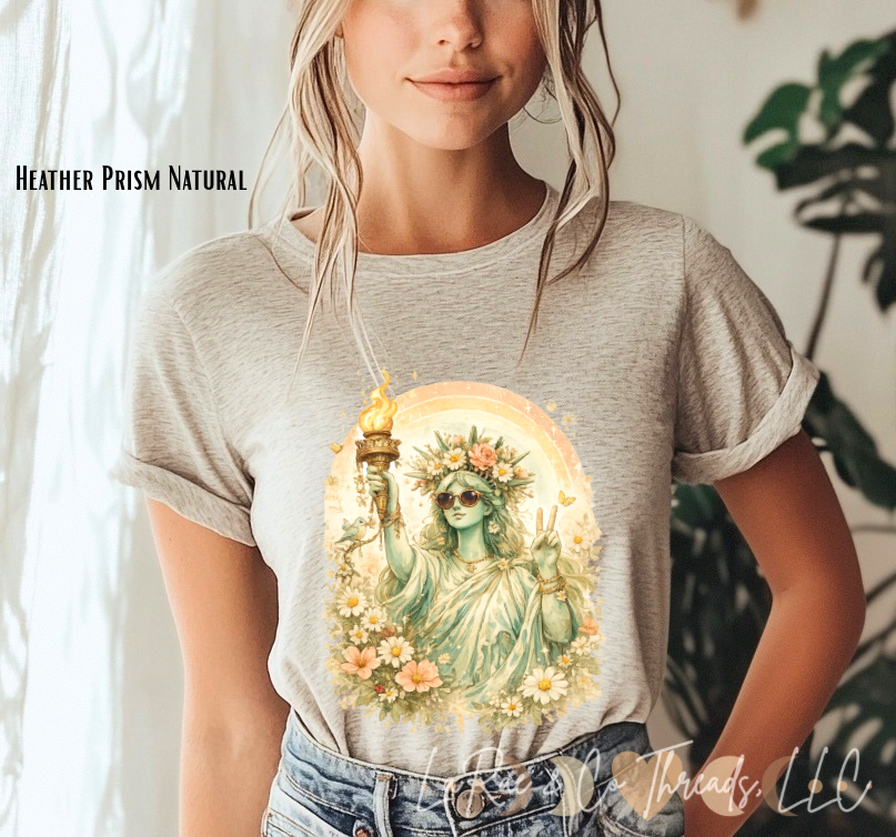 Boho Statue of Liberty Floral Tee — Vintage Floral Liberty T‑Shirt, Patriotic Floral Lady Liberty Shirt, Peace Love Freedom Cottagecore Americana Shirt, Boho Patriotic Statue of Liberty Tee,