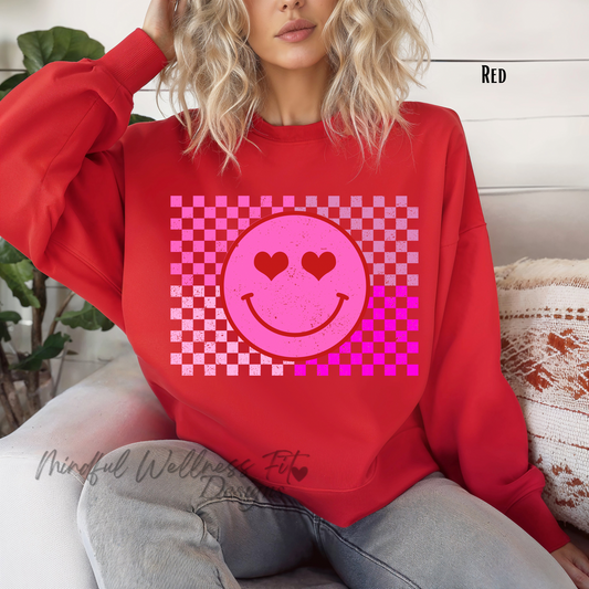 Retro Smiley Face Sweatshirt, Valentine's Day Smile Crewneck, Trendy Checkered Sweatshirt, Vintage Happy Face Crew, Classic Love Pullover,