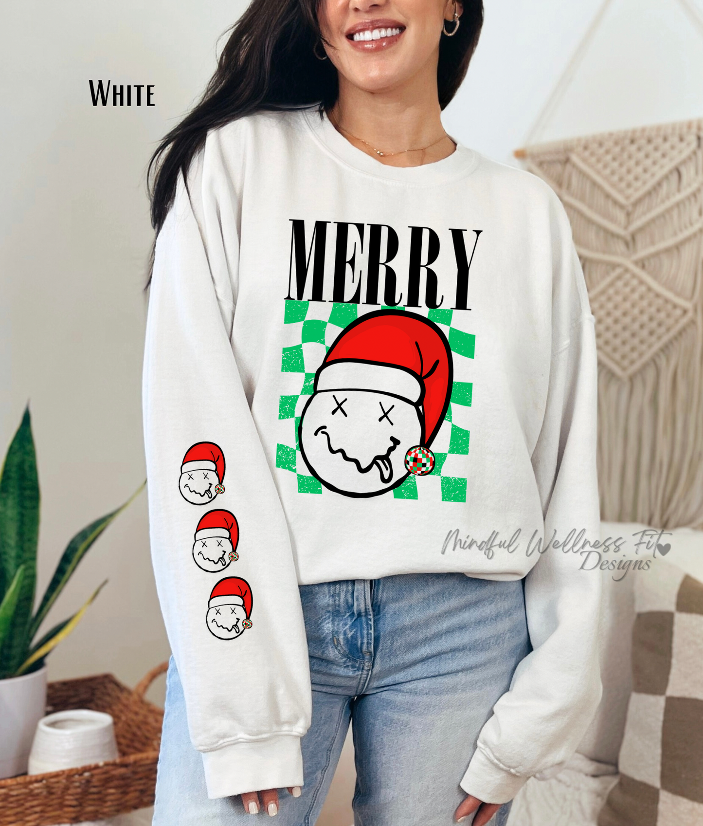 Christmas Sweatshirt, Nirvana Inspired Santa Hat Crewneck, Disco Cotton Ball Retro Smiley Christmas Sweater, Vintage Checkered Xmas Crew