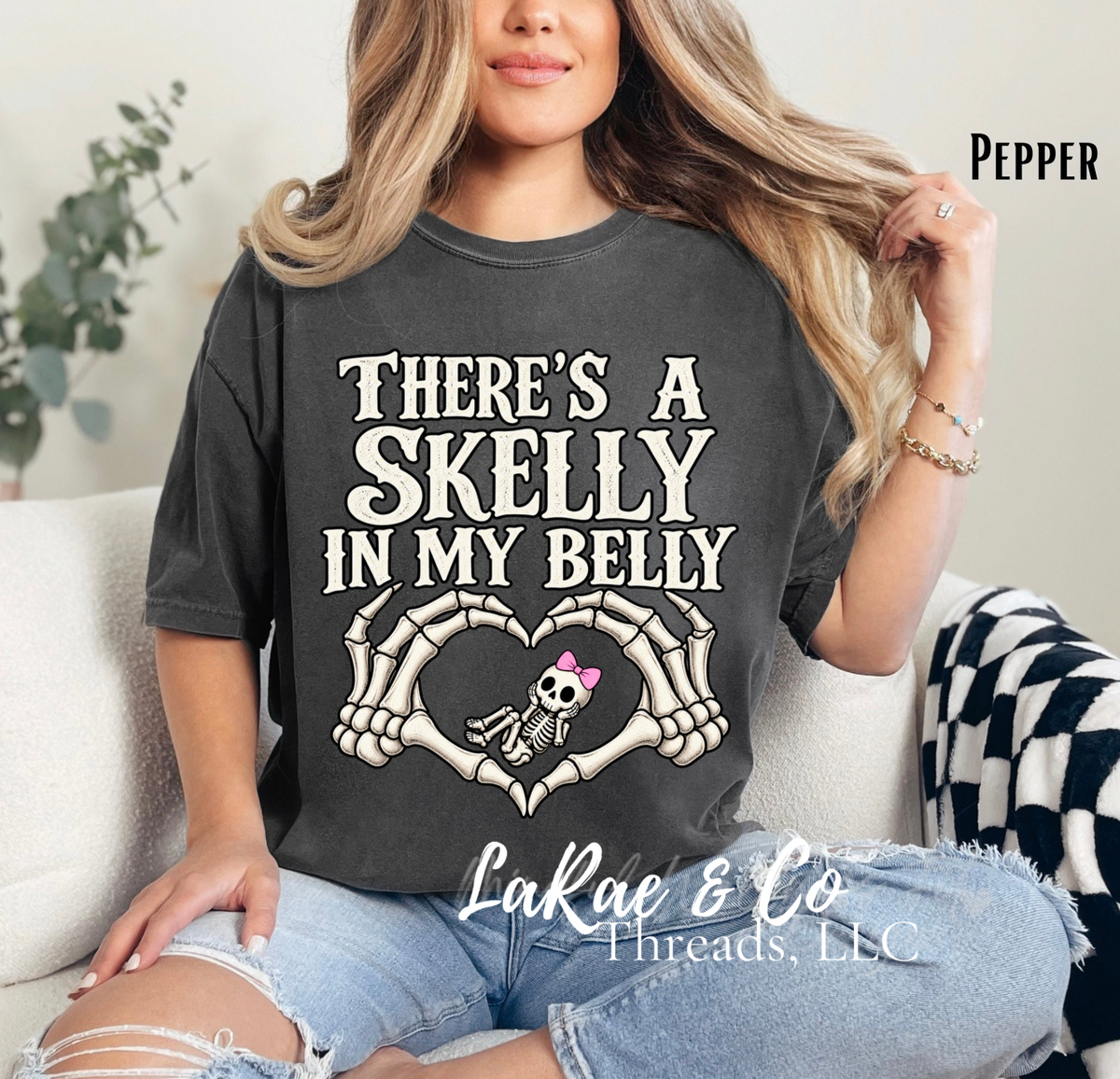 Skelly In My Belly Tee — Cute Skeleton Graphic T-Shirt, Halloween Momma To Be Tee, Baby girl On The Way, Spooky Season