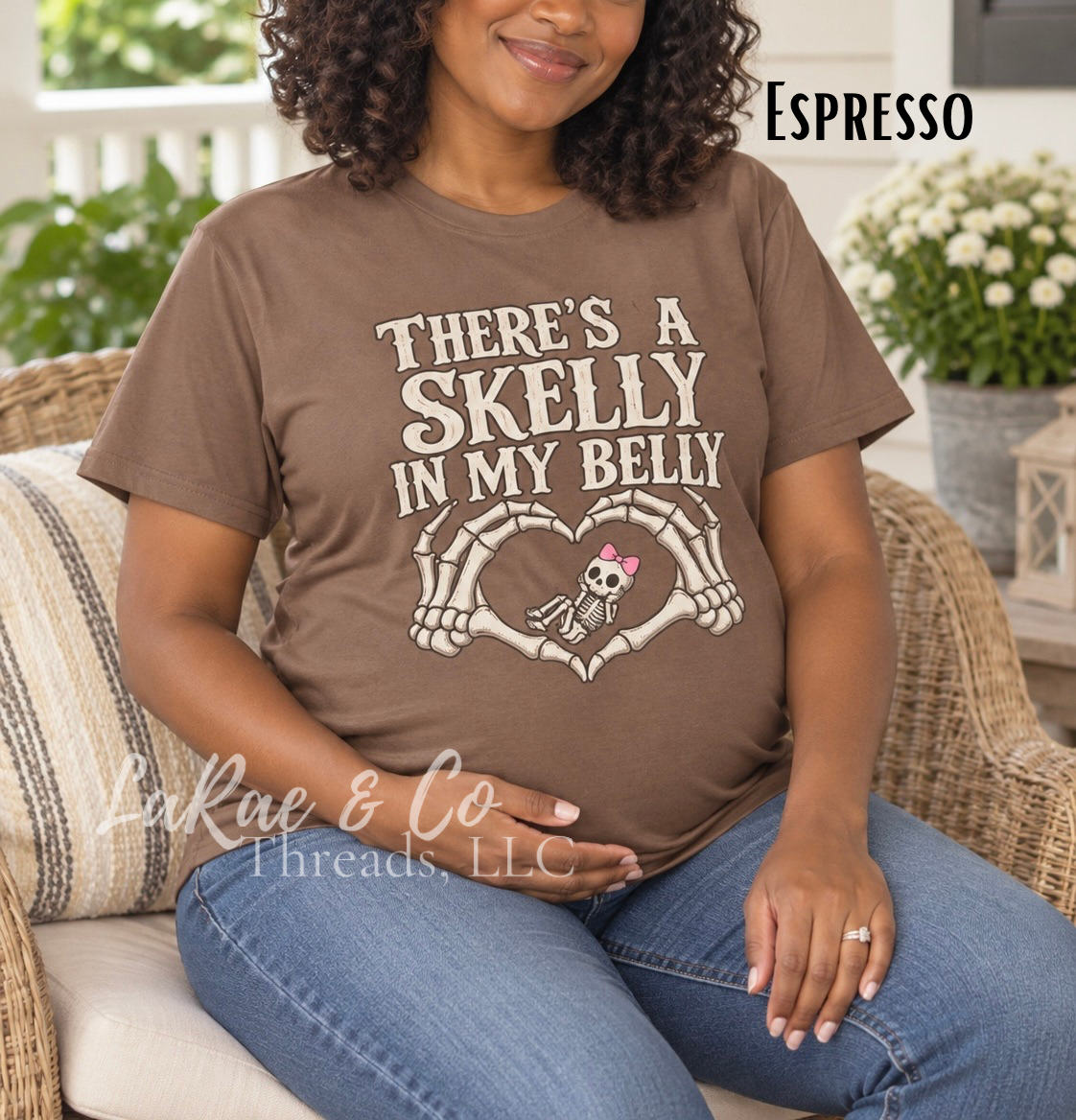 Skelly In My Belly Tee — Cute Skeleton Graphic T-Shirt, Halloween Momma To Be Tee, Baby girl On The Way, Spooky Season