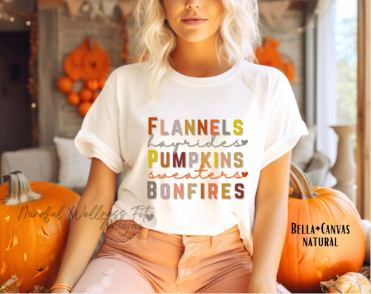 Flannels Hayrides Pumpkins Sweaters & Bonfires Shirt, Autumn Vibes Shirt, Fall Tee, Shirt for Autumn, Thanksgiving Tee, Sweater Weather Tee