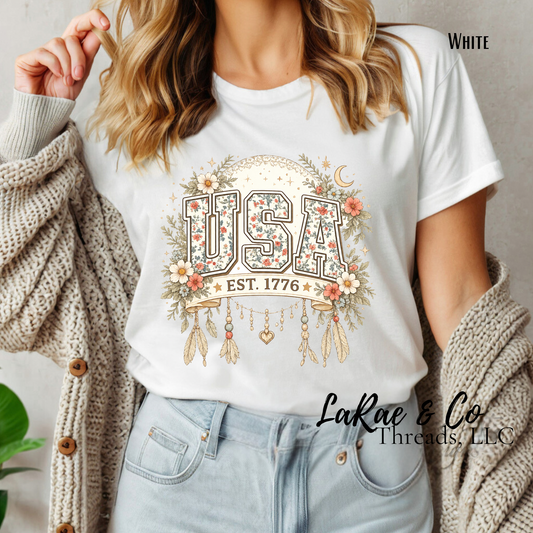 USA Est. 1776 Tee — BoHo Floral Patriotic Shirt, Fourth of July Wildflower Shirt, USA Floral Shirt, 1776 Patriotic 250 Years Shirt, Cottagecore Patriotic Tee