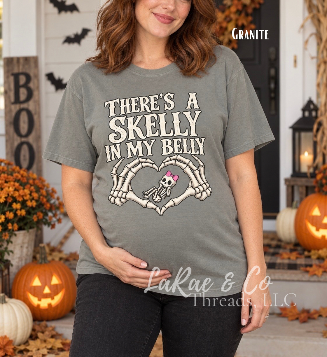 Skelly In My Belly Tee — Cute Skeleton Graphic T-Shirt, Halloween Momma To Be Tee, Baby girl On The Way, Spooky Season
