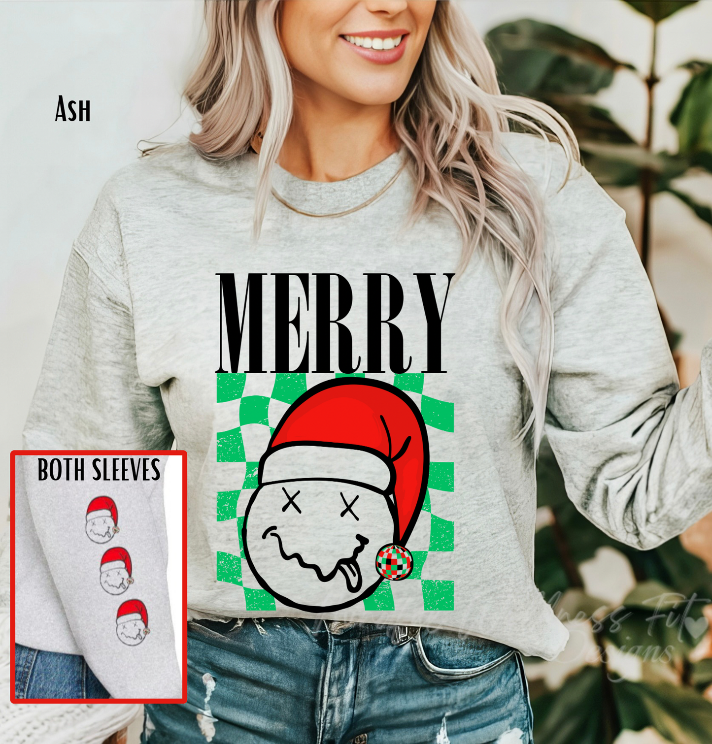 Christmas Sweatshirt, Nirvana Inspired Santa Hat Crewneck, Disco Cotton Ball Retro Smiley Christmas Sweater, Vintage Checkered Xmas Crew