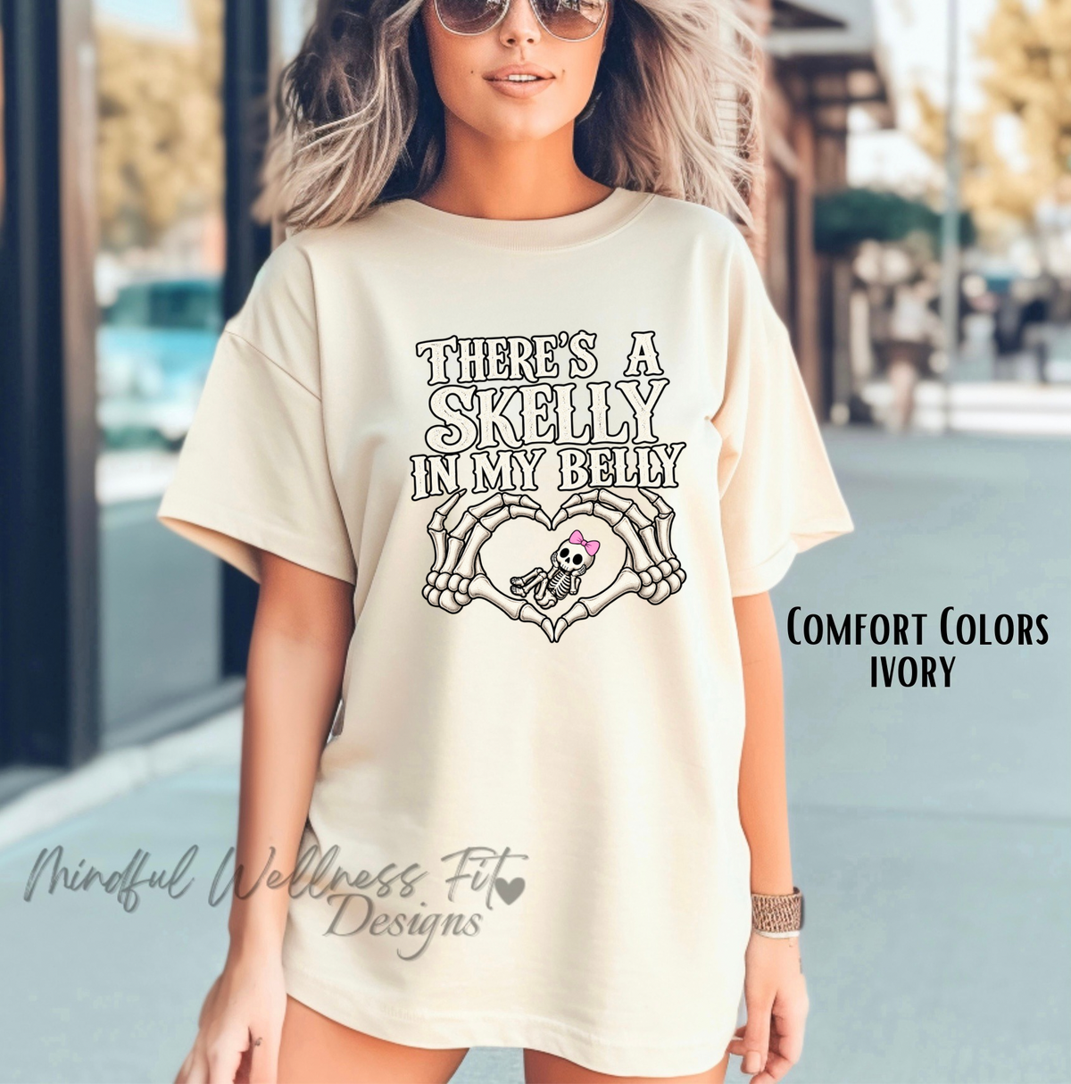 Skelly In My Belly Tee — Cute Skeleton Graphic T-Shirt, Halloween Momma To Be Tee, Baby girl On The Way, Spooky Season