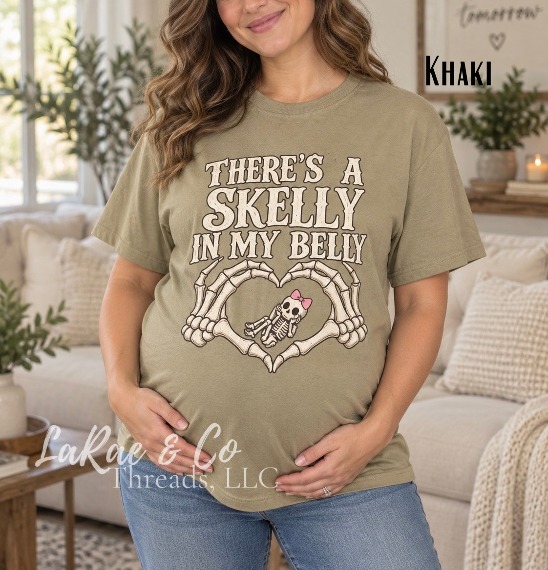 Skelly In My Belly Tee — Cute Skeleton Graphic T-Shirt, Halloween Momma To Be Tee, Baby girl On The Way, Spooky Season