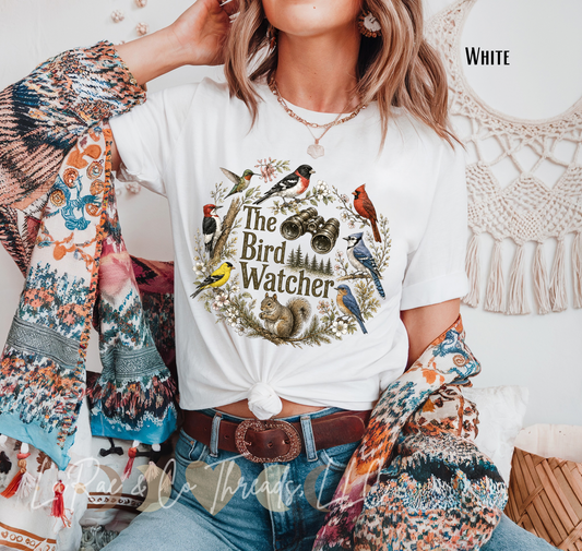 Cottagecore Bird Watcher Tee — Vintage Backyard Birds & Binoculars T-Shirt, Grosbeak, Cardinal, Hummingbird, & Nature Tee, Bird Lover Gift, Vintage Birding Shirt