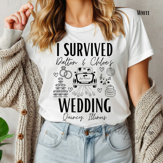 I Survived the Wedding Unisex Tee, Funny Wedding T-Shirt, Personalized Bride & Groom Party Shirt, Wedding Guest Gift