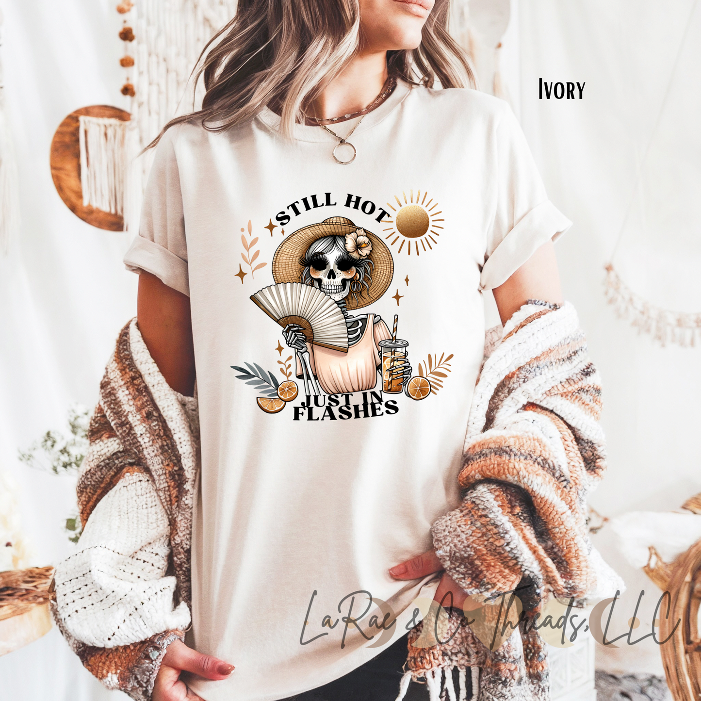 Midlife Mood "Still Hot Just in Flashes" Graphic Tee - Funny Hot Flash Shirt for Women, Vintage Boho Tee