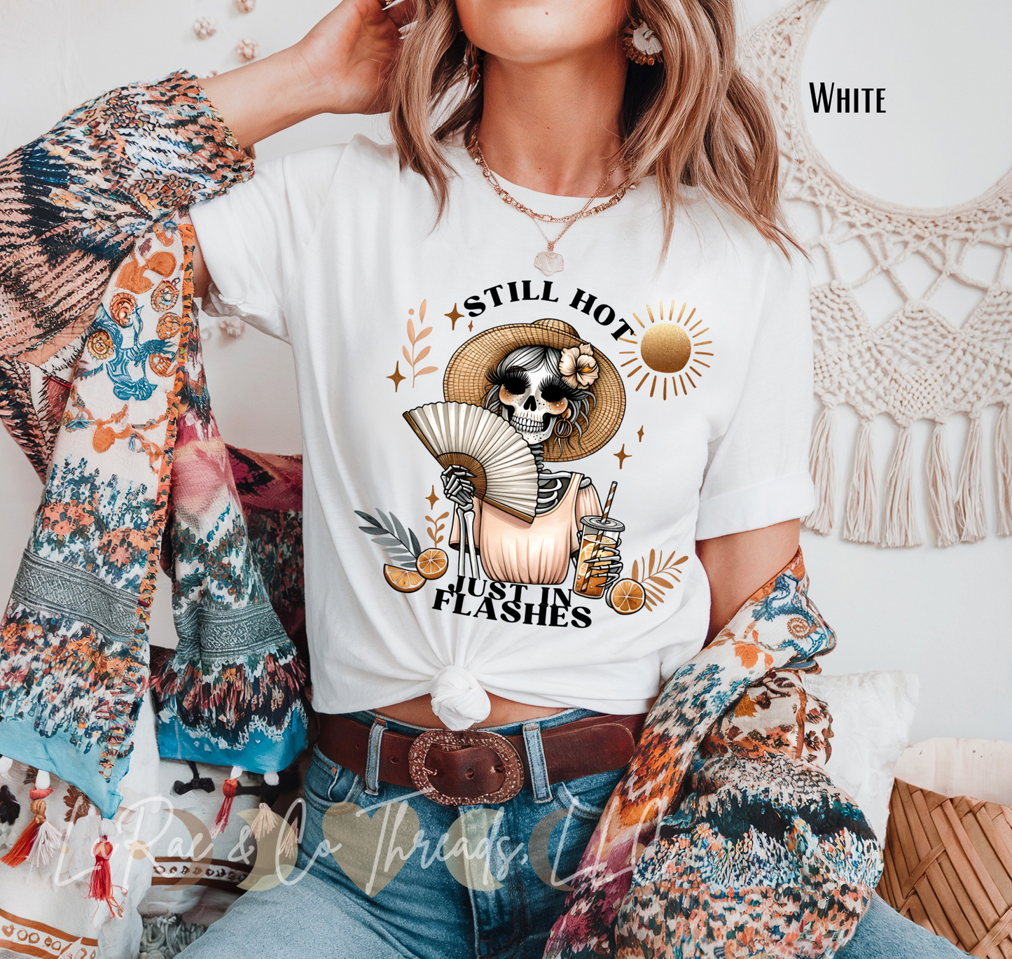Midlife Mood "Still Hot Just in Flashes" Graphic Tee - Funny Hot Flash Shirt for Women, Vintage Boho Tee