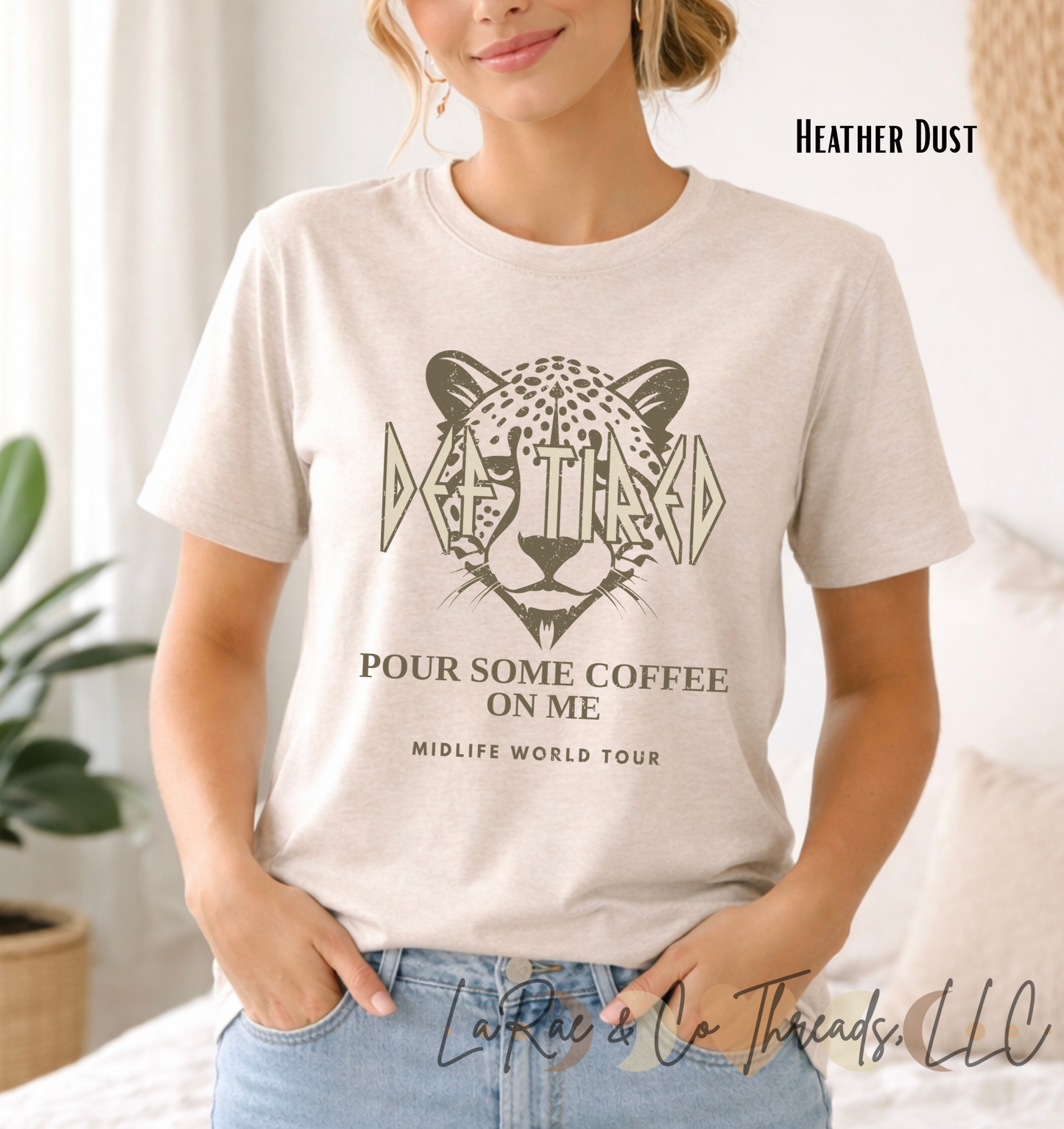 Def Tired Leopard Graphic Tee - Funny Midlife Coffee Shirt for Women - Vintage Rock Band Style T-Shirt