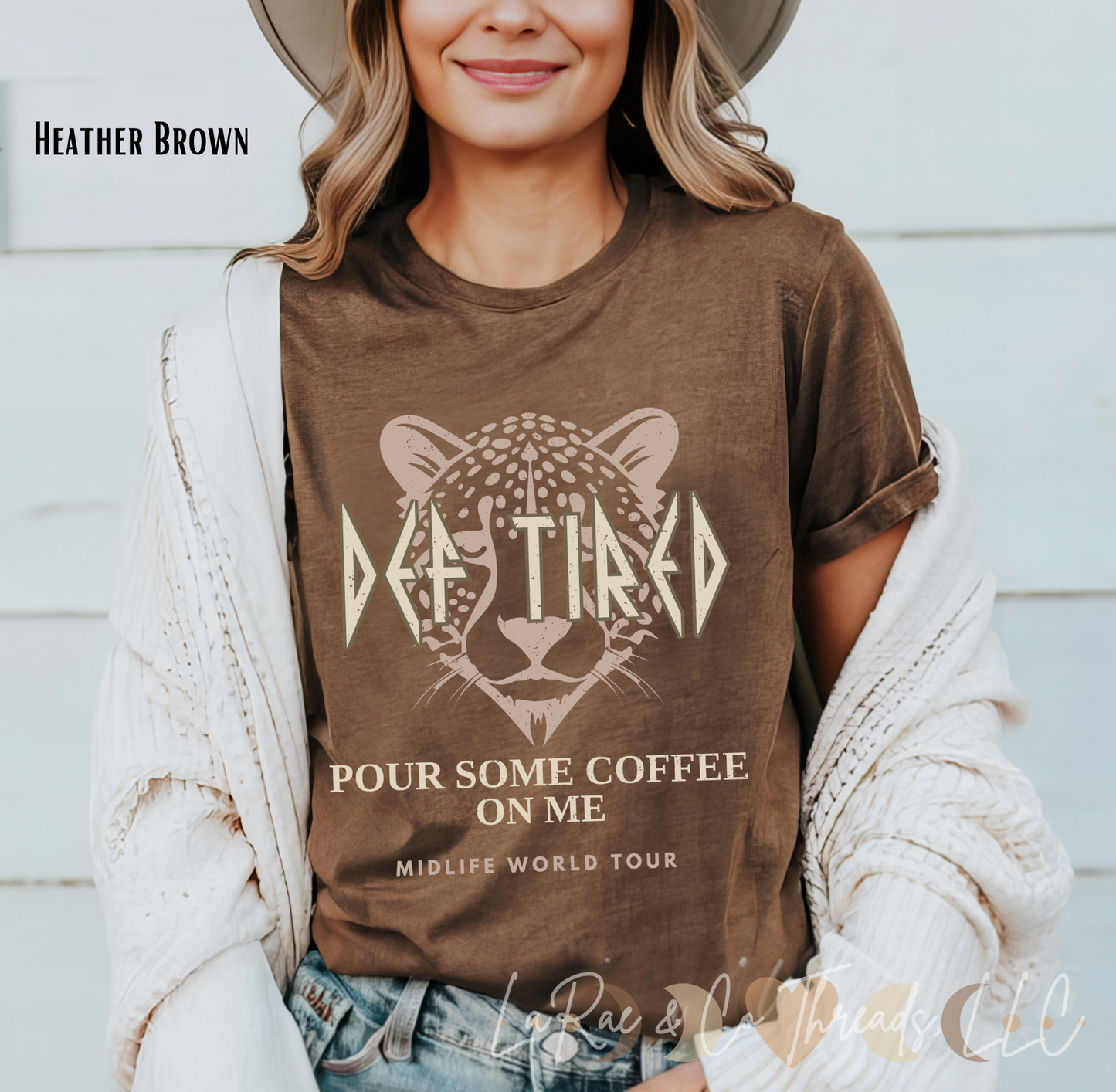 Def Tired Leopard Graphic Tee - Funny Midlife Coffee Shirt for Women - Vintage Rock Band Style T-Shirt