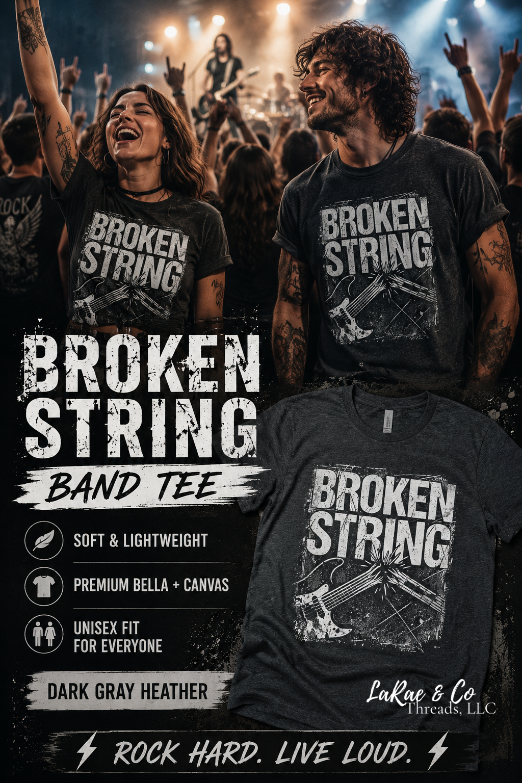 Broken String Guitar Tee — Vintage Grunge Rock Music Shirt, Broken String Rock Band Tee, Pike County, Illinois, Midwest Local Rock Band