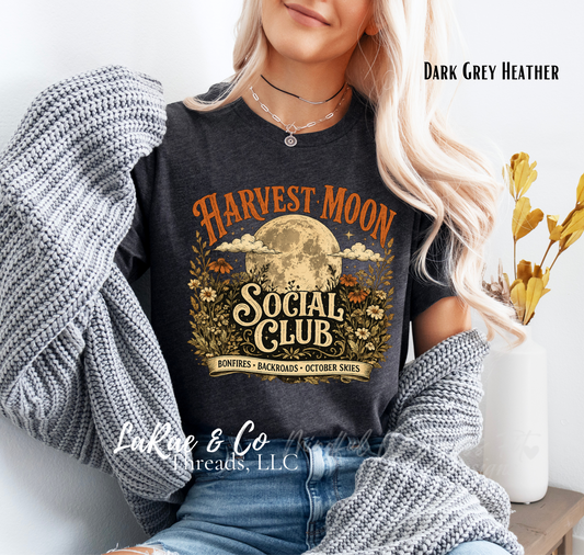 Harvest Moon Social Club Tee - Fall Bonfire Retro Graphic T-Shirt, Vintage Fall Bonfires Shirt, Back roads and October Skies Tee, Autumn Lover Shirt
