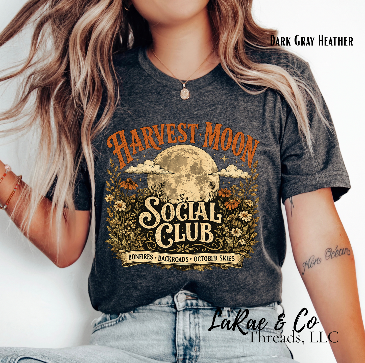 Harvest Moon Social Club Tee - Fall Bonfire Retro Graphic T-Shirt, Vintage Fall Bonfires Shirt, Back roads and October Skies Tee, Autumn Lover Shirt