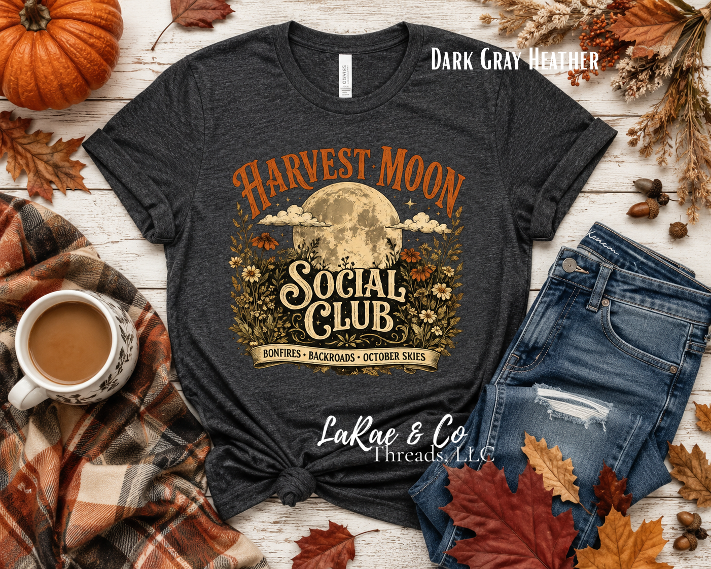 Harvest Moon Social Club Tee - Fall Bonfire Retro Graphic T-Shirt, Vintage Fall Bonfires Shirt, Back roads and October Skies Tee, Autumn Lover Shirt