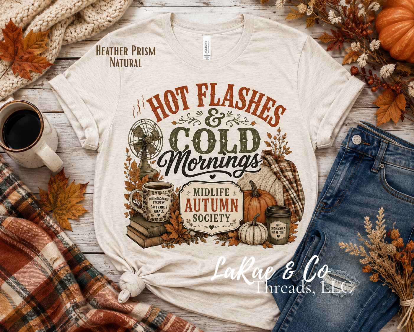 Hot Flashes & Cold Mornings Tee — Midlife Autumn Society Pumpkin Fall Shirt, Funny Perimenopause Fall Shirt