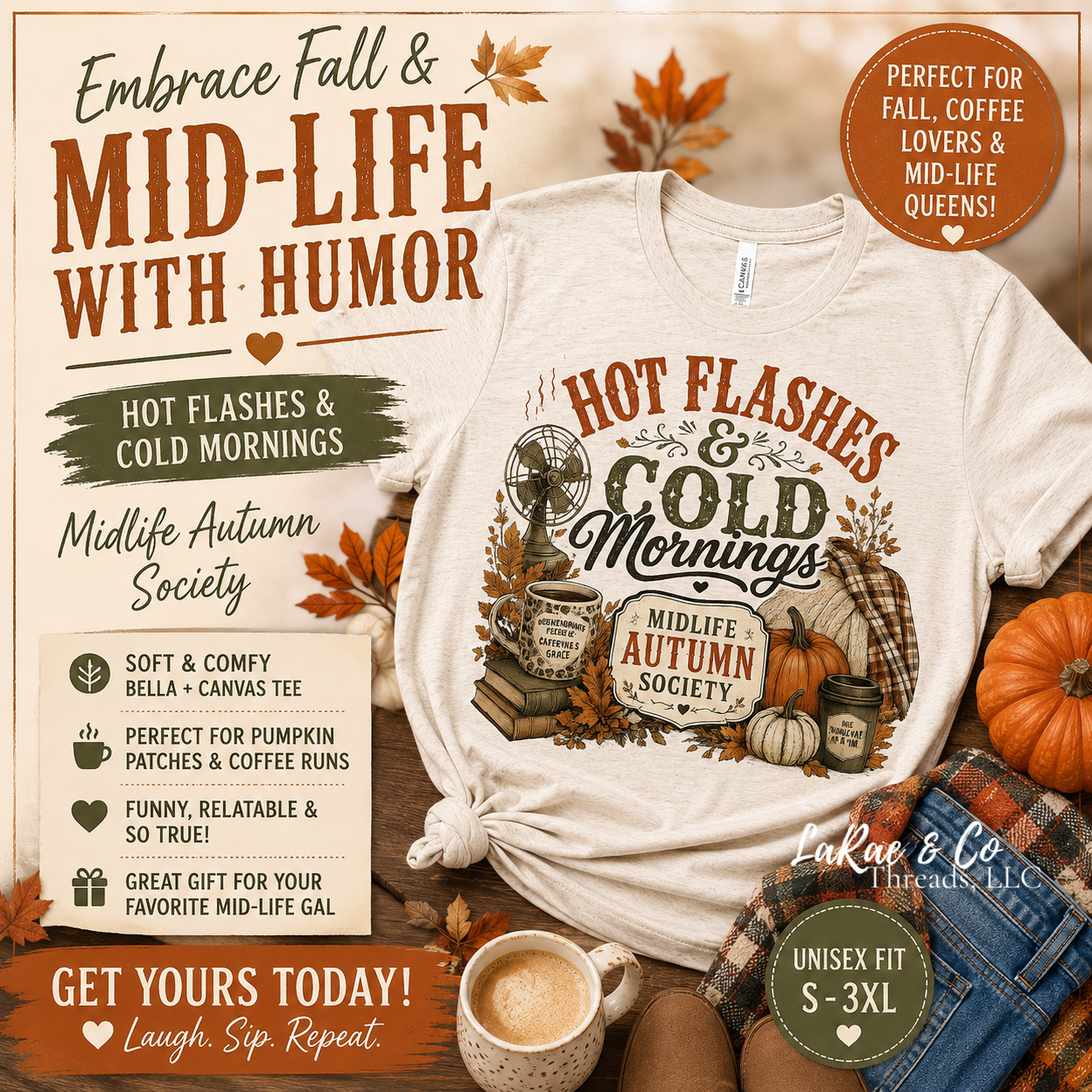 Hot Flashes & Cold Mornings Tee — Midlife Autumn Society Pumpkin Fall Shirt, Funny Perimenopause Fall Shirt