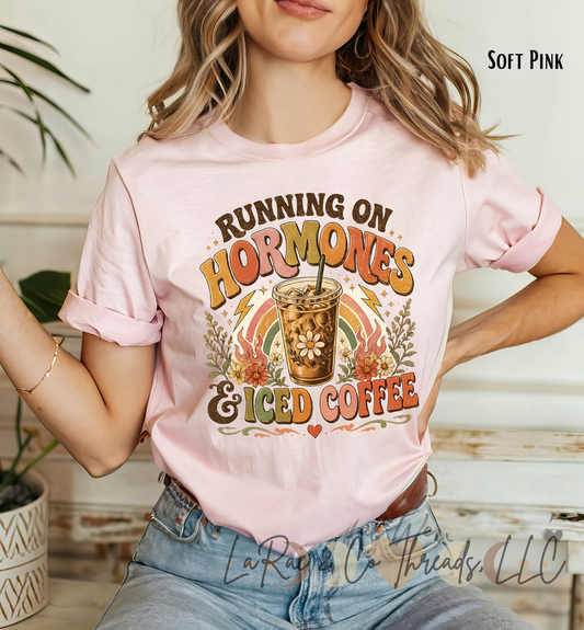 Running on Hormones & Iced Coffee T-Shirt — Retro Boho Coffee Tee for Midlife Women,