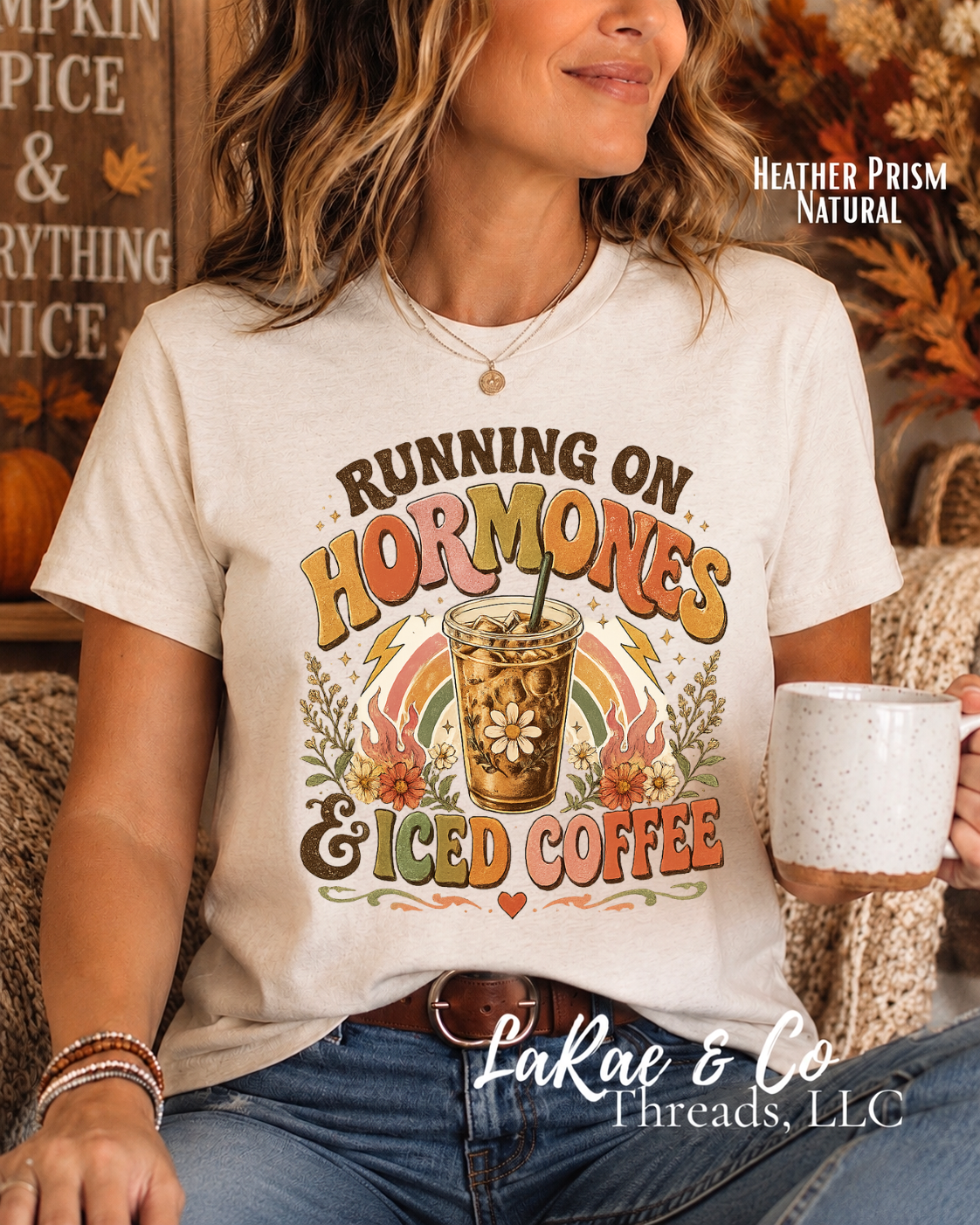 Running on Hormones & Iced Coffee T-Shirt — Retro Boho Coffee Tee for Midlife Women,