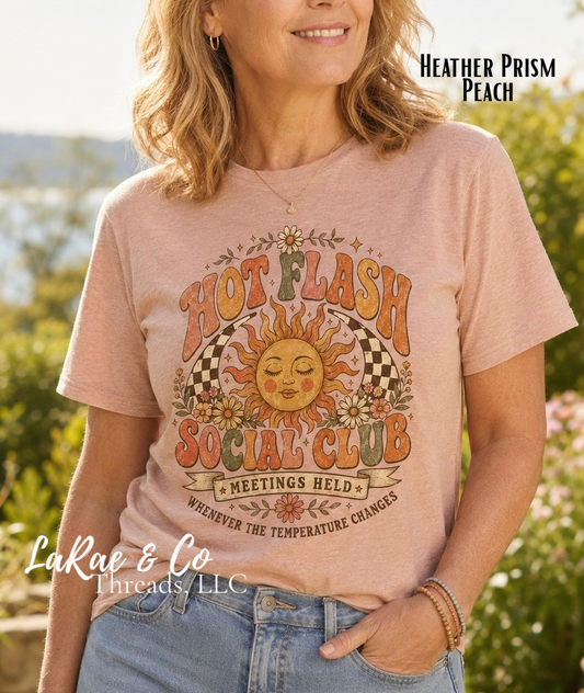 Hot Flash Social Club Tee – Funny Midlife Tee, Retro Boho Sun PeriMenopause Humor Shirt