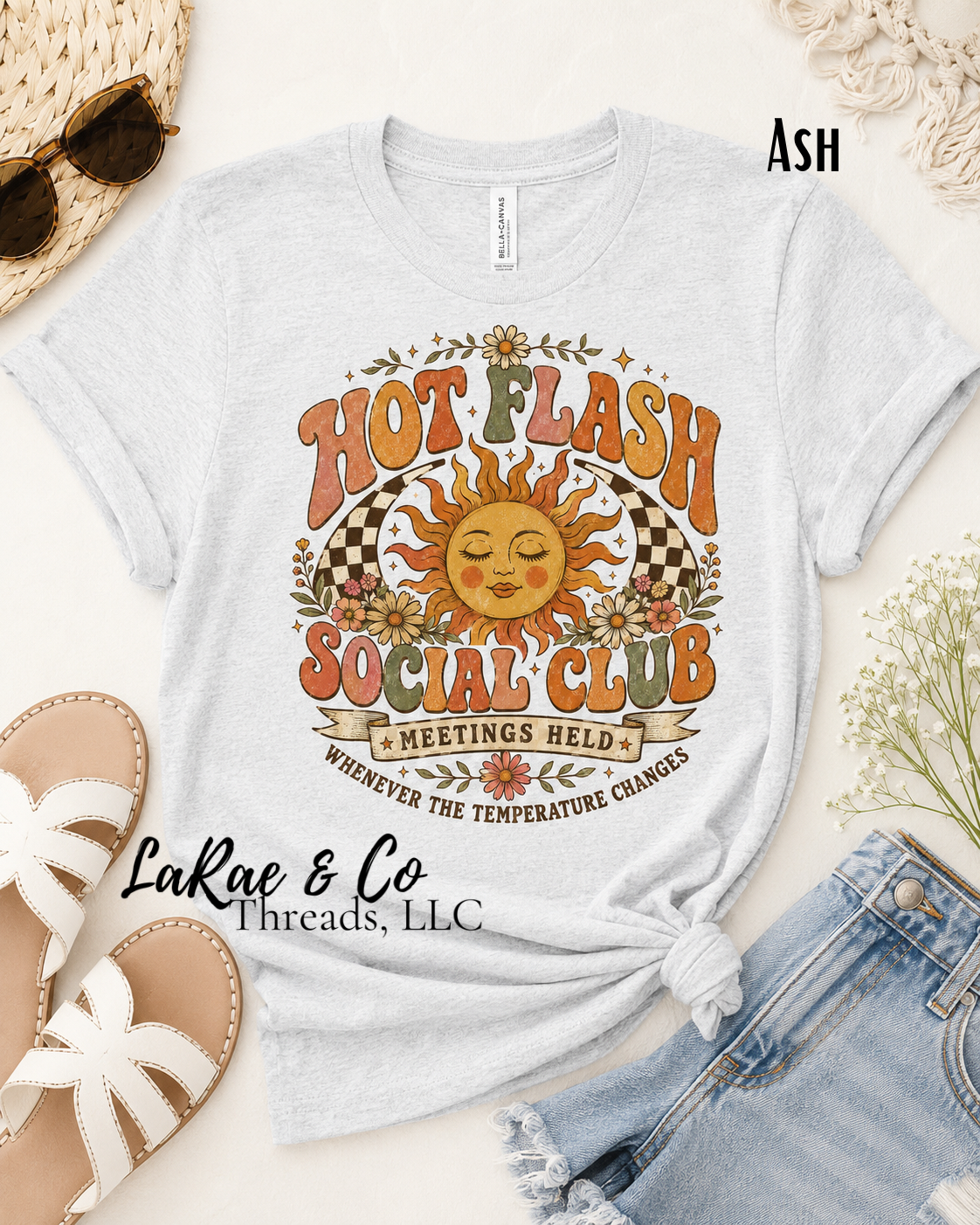 Hot Flash Social Club Tee – Funny Midlife Tee, Retro Boho Sun PeriMenopause Humor Shirt