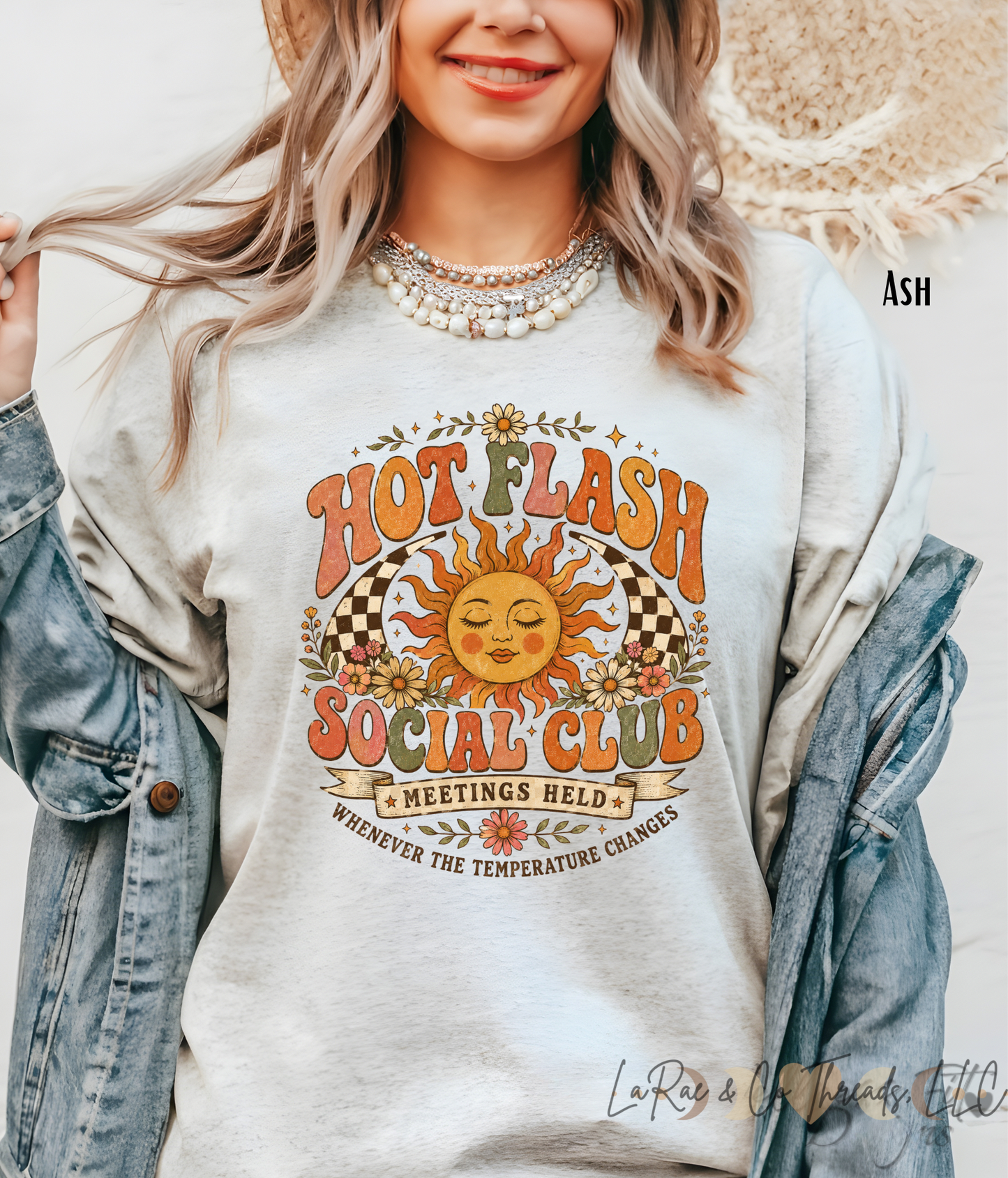 Hot Flash Social Club Tee – Funny Midlife Tee, Retro Boho Sun PeriMenopause Humor Shirt