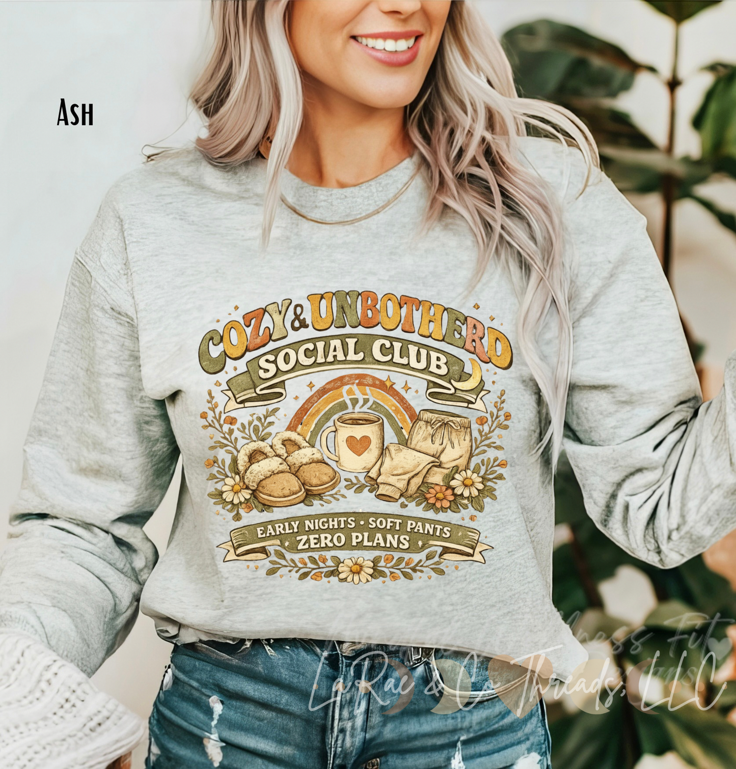 Cozy & Unbothered Social Club Funny Sweatshirt — 'Cozy & Unbothered' Graphic Pullover,  Funny Midlife Crewneck, Early Nights Soft Pants & Zero Plans Crew