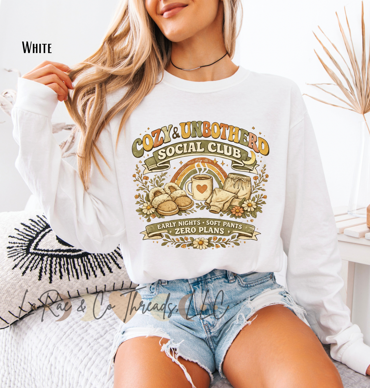 Cozy & Unbothered Social Club Funny Sweatshirt — 'Cozy & Unbothered' Graphic Pullover,  Funny Midlife Crewneck, Early Nights Soft Pants & Zero Plans Crew